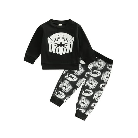 

aturustex Halloween Baby Boys Girl 2Pcs Set Ghost Print Long Sleeve Shirt Pullover Top+Long Pants Fall Outfit 1-5T