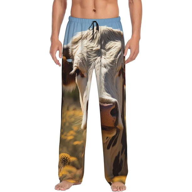 Fotbe Countryside Flower Cow Pantalones de Pijama para Hombre, Pantalones de Dormir, Pantalones de Casa con Cintura Ajustable y Bolsillos-XX-Large