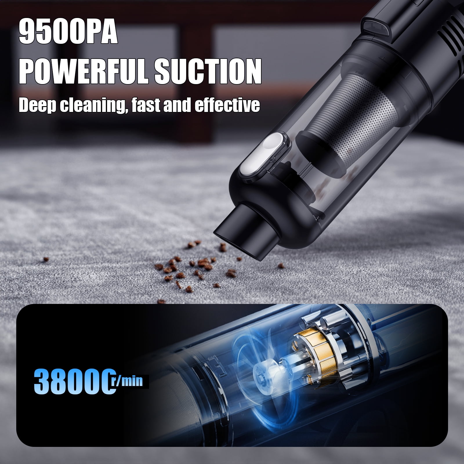 Hioha SV01-Black Cordless Handheld Car Vacuum Cleaner - 9500Pa - LED Display - HEPA Filter - Black