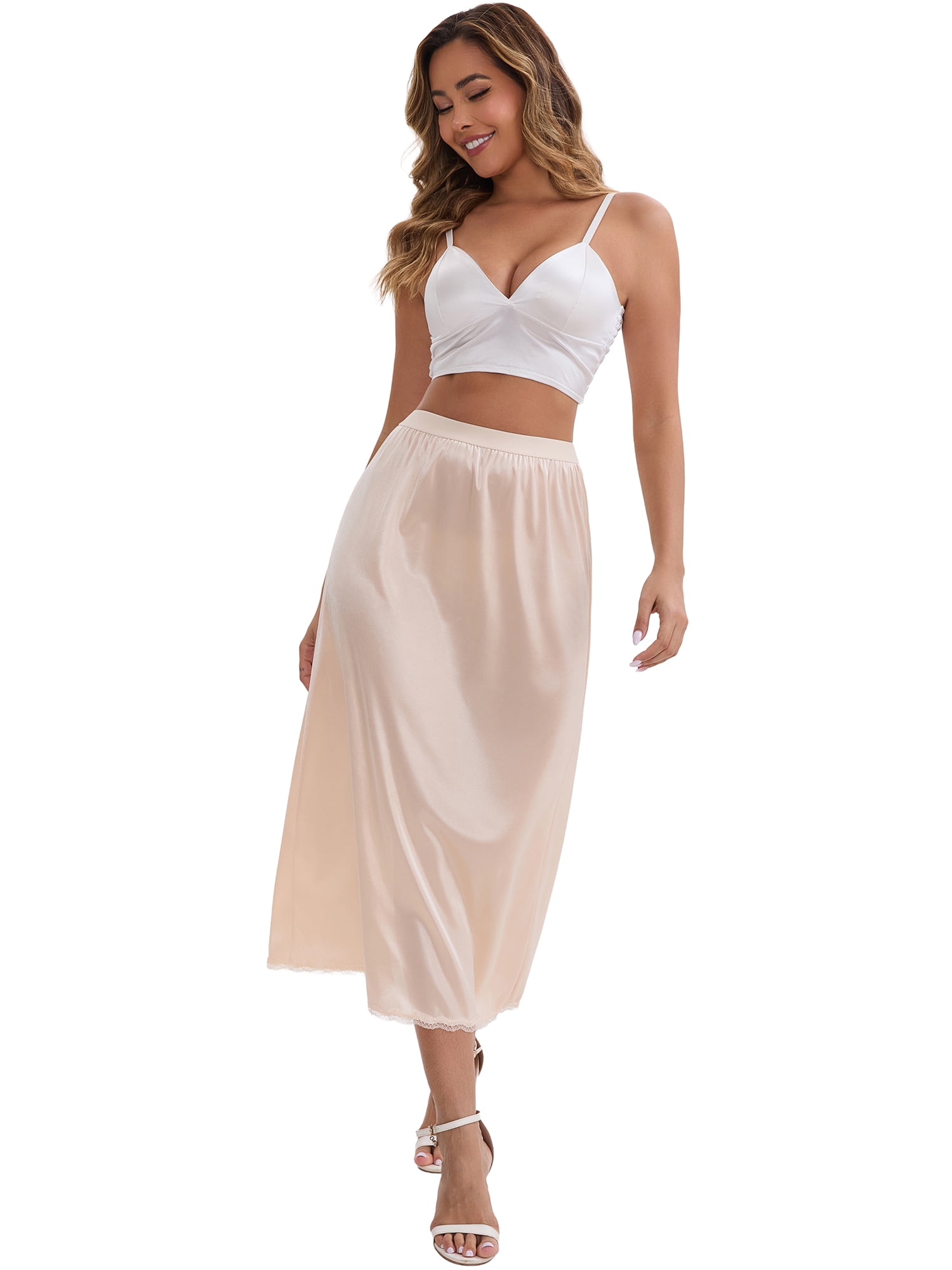 DARING DIVA Women's Satin Lace Trim Flared Hem Lightweight Maxi Half Slip 3XL Beige