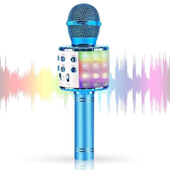 Kids Karaoke Microphone Toy, Singing Karaoke Mic Speaker with LED Lights, for Birthday Party, Home KTV (Blue)