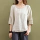 thumbnail image 2 of Elegante blusa de manga 3/4 sólida para mujer con cuello redondo de algodón y lino suelta de talla grande 3XL Yuyangstore Camisa de lino de algodón de mujer, 2 of 8