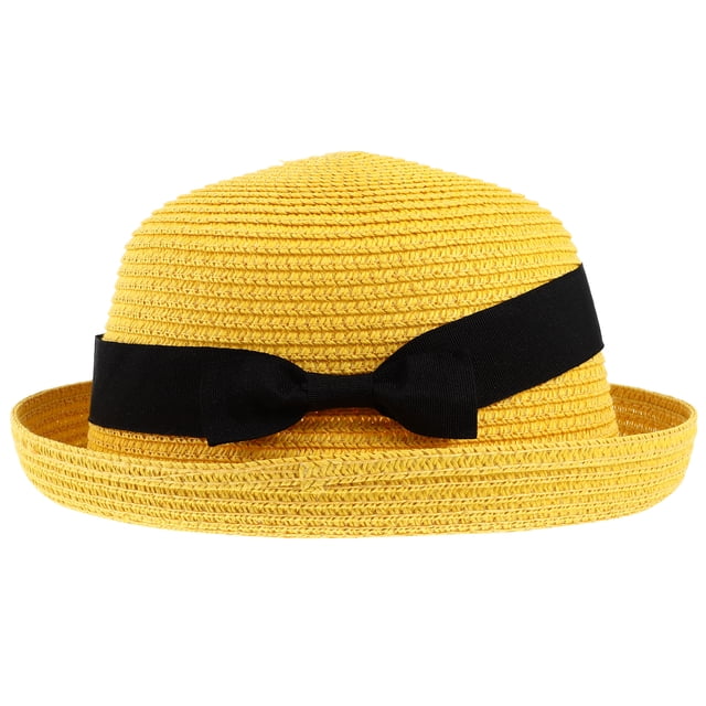 GOOHOCHY Sombrero de paja con ala ancha enrollable y lazo para mujer y niña, ideal para el verano, para playa (amarillo)
