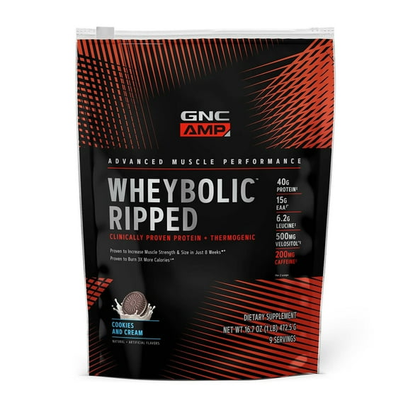 GNC AMP Wheybolic Ripped Clinically Proven Protein Powder & Thermogenic Protein Supplement, Cookies and Cream, Increases Muscle Strength & Size, Calorie Burn, Energy & Endurance, Caffeine, 40g