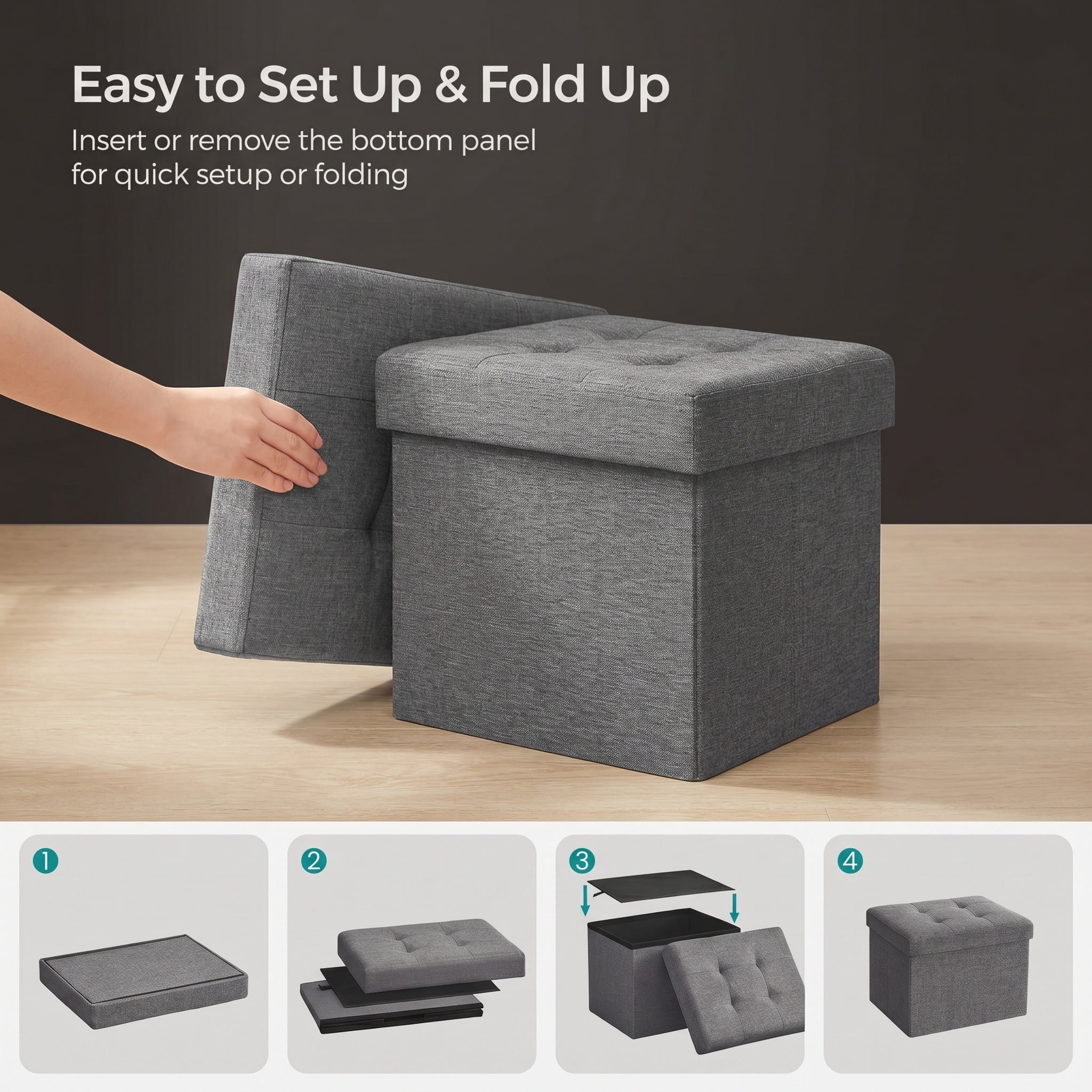 Nordic Hygge Folding Storage Ottoman, Dark Gray