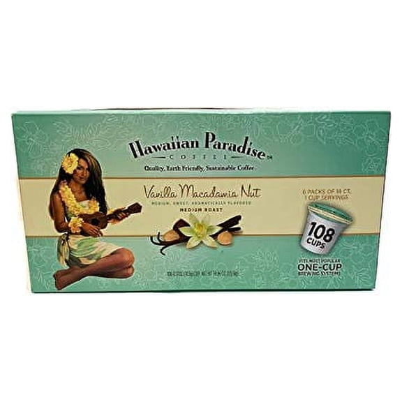 Hawaiian Paradise Coffee Vanilla Macadamia Nut Single Serve Cups 108 Count Loose Cups - Medium Roast - Compatible with Keurig K-Cup Brewers