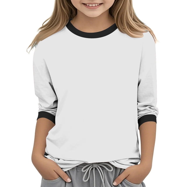 Zpanxa Girls Athletic Shirts Solid Color Three Quarter Sleeve Round Neck Polyester Spandex Top 5 Years