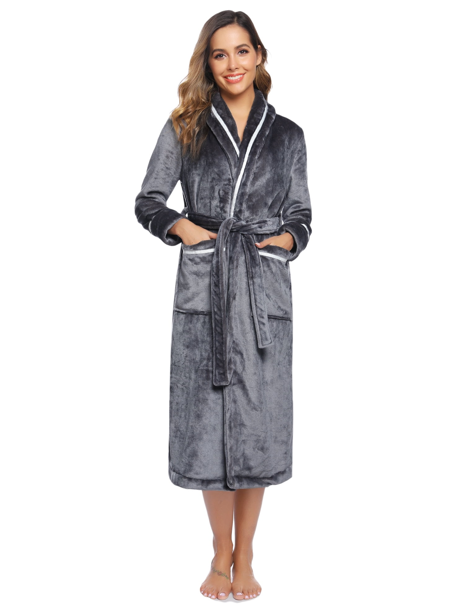 Purcoar Women's Fleece Bathrobe Solid Durable Pockets Easy Care Robe ...