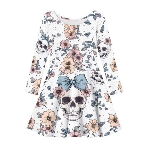Girls Long Sleeve Swing Dress, Cute Floral Skull Bow Graphic Print Kids A‑Line Dress, Soft Casual Outfit for Halloween Daily Outdoor Play Wear(White,6-7 Years)