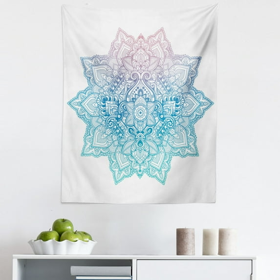 Leaf Tapestry, Bohemian Tattoo Style Pastel Toned Mandala Abstract Lotus Flower Design, Fabric Wall Hanging Decor for Bedroom Living Room Dorm, 5 Sizes, Pale Blue Lilac, by Ambesonne