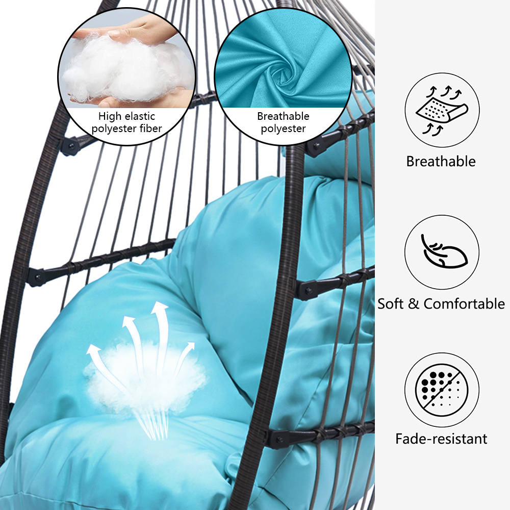 Wicker Hanging Chair, Outdoor Patio Hanging Egg Chairs with Stand, UV Resistant Hammock Chair with Comfortable Blue Cushion, Durable Indoor Swing Chair for Bedroom, Garden, Backyard, 350lbs, L3953 - image 4 of 8