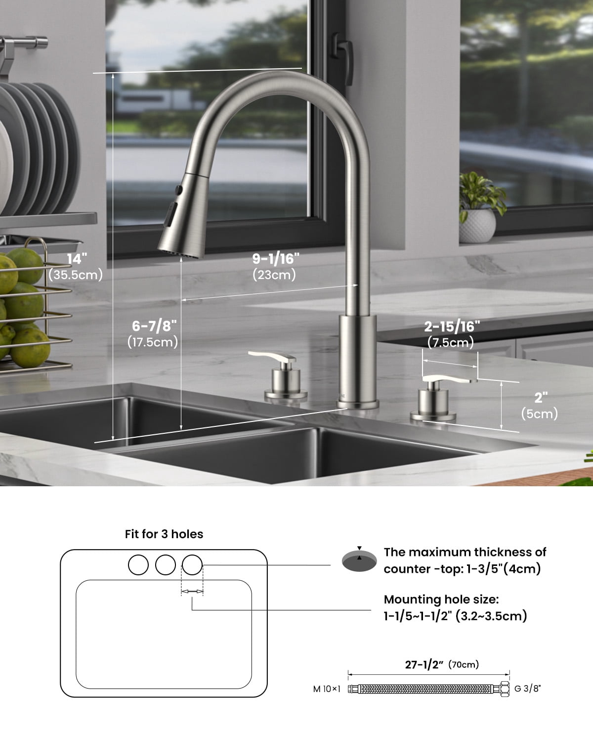DAYONE 3 Hole Kitchen Faucet with Separate Handle and Pull Down Sprayer, 2 Handle Sink Faucets for Kitchen/RV with Soap Dispenser Stainless Steel, Brushed Nickel