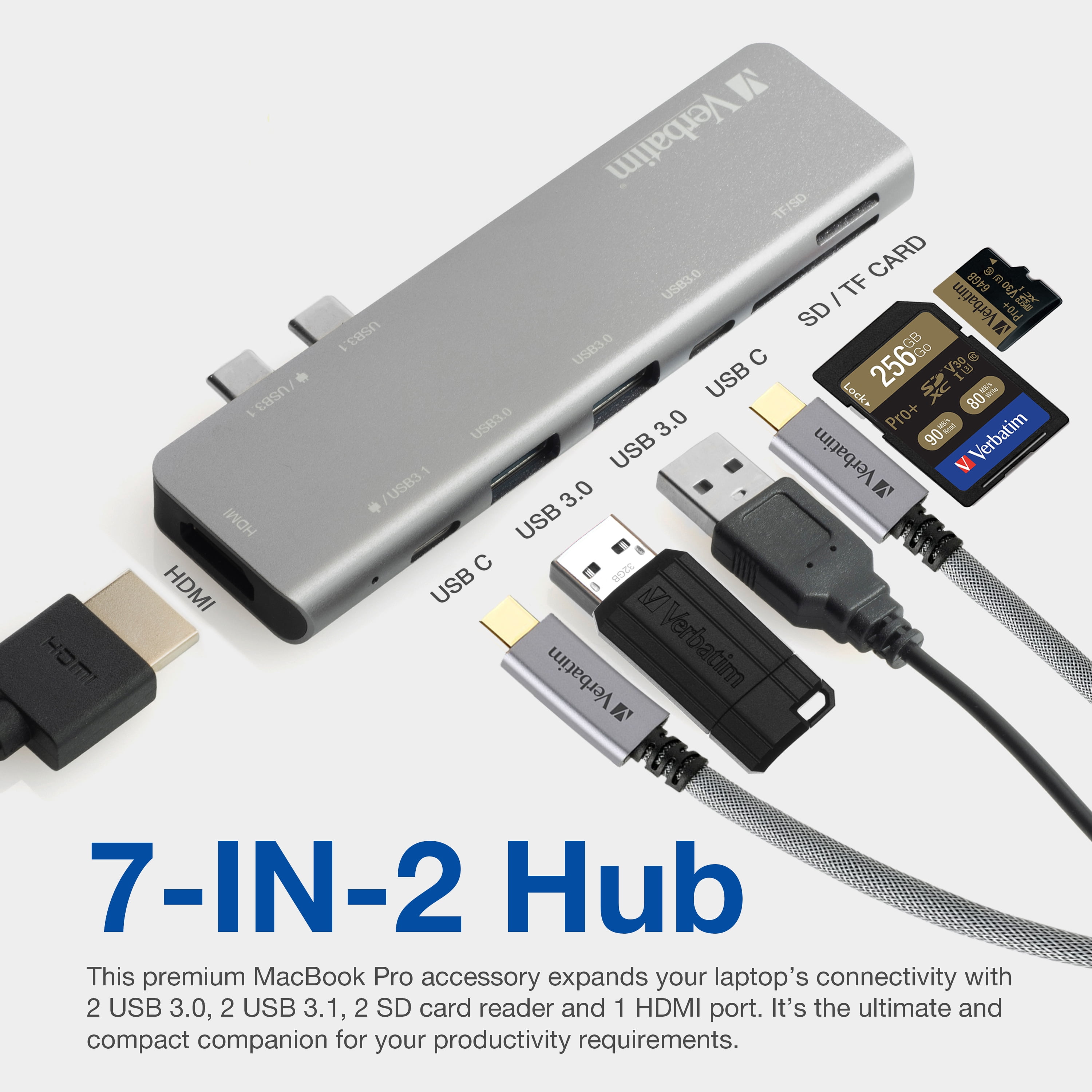 Verbatim® 7-in-2 USB C Hub Adapter/dock with 4K HDMI, 100W Power Delivery, USB 3.0, SD Card Readers for MacBook Pro and USB C Laptops