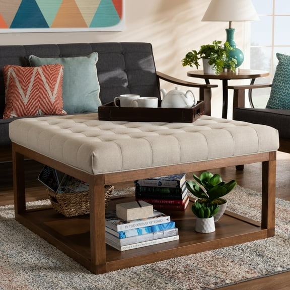 Baxton Studio Alvere Modern and Contemporary Beige Fabric Upholstered Walnut Finished Cocktail Ottoman