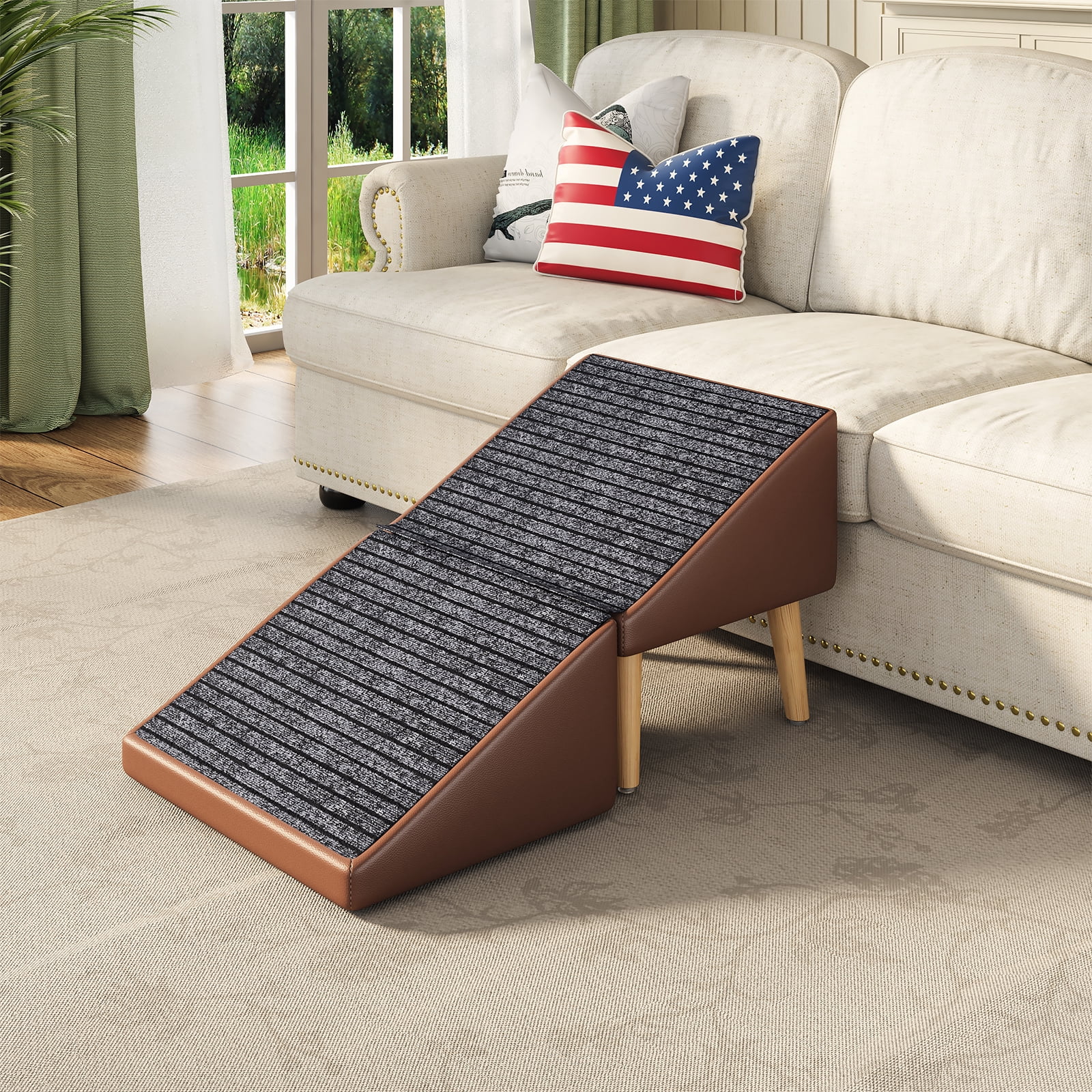 3-in-1 Dog Ramp 18.89"×17.91"×20.08" with Storage – Pet Stairs for Senior & Injured Dogs & Cats, Hidden Storage Footstool, Ottoman Anti-Slip, Supports 265 lbs for Beds & Sofas (BROWN Color)