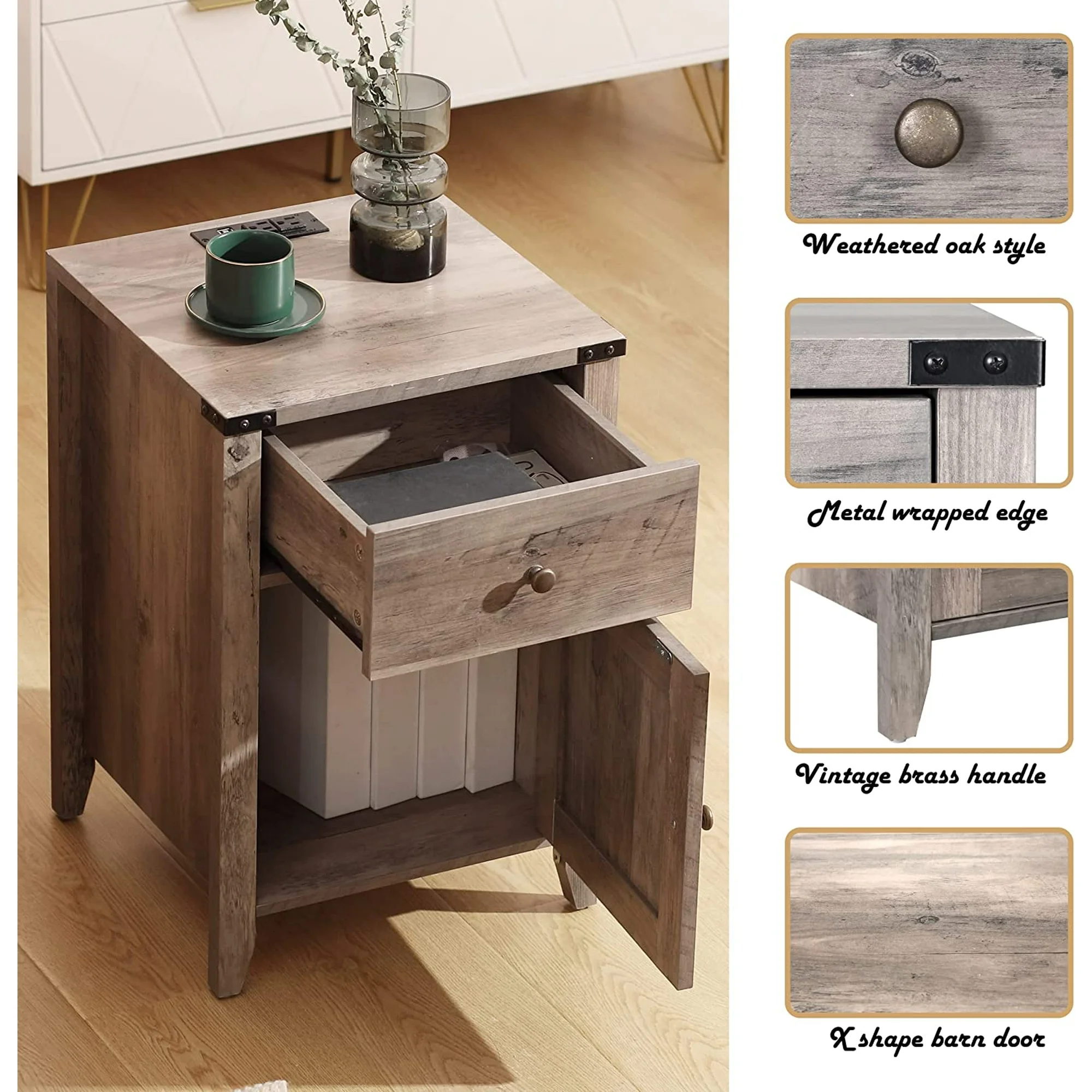 Tolead Barnwood Rustic Nightstand with Charging Station, Weathered Oak Style, Gray, 2 Pcs
