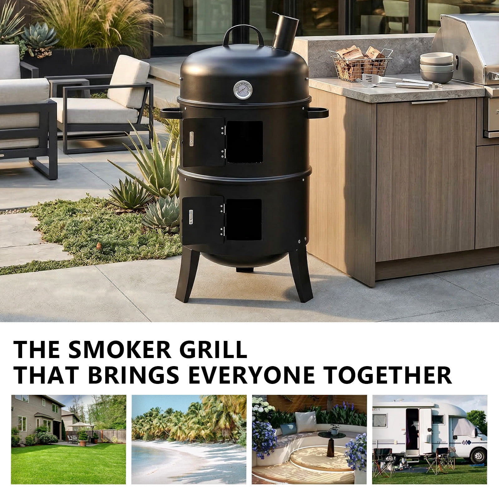 Tcbosik 16 inch Round Charcoal Smoker Grill, Heavy-Duty BBQ Cooker with Hooks and Thermometer for Outdoor Patio, Yard, Garden, Deck, Black