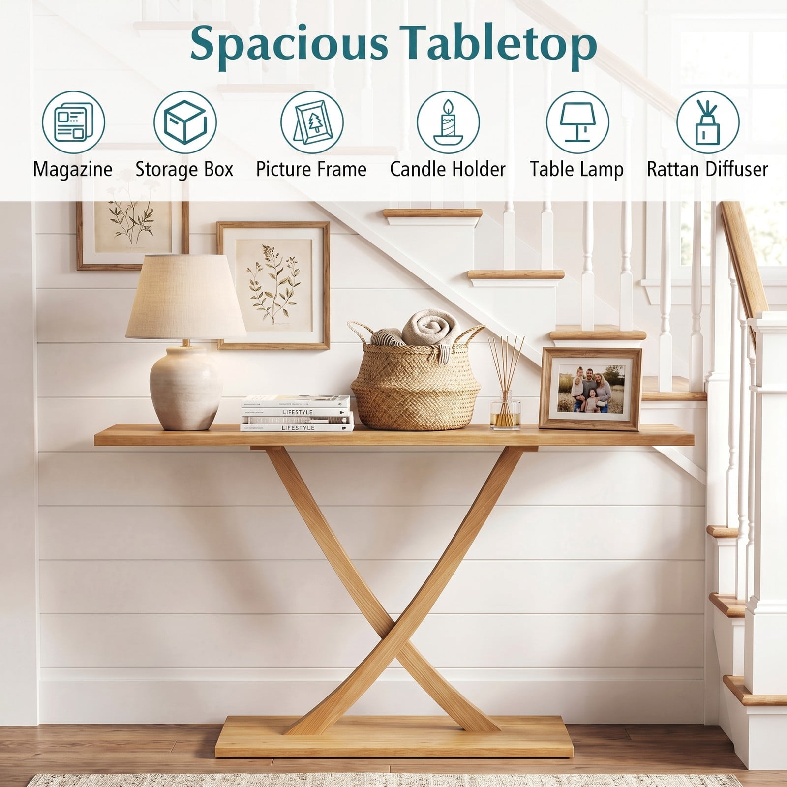 Furnibear 57 Inch Solid Wood Console Table with Teak Wood Frame and Geometric X-Shaped Base for Living Room and Entryway, Natural