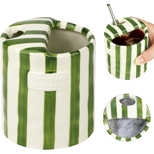 This unique ceramic coffee cup, a vintage-style hand-painted ceramic travel mug with a green and white striped pattern, is the perfect gift for coffee lovers.,Green