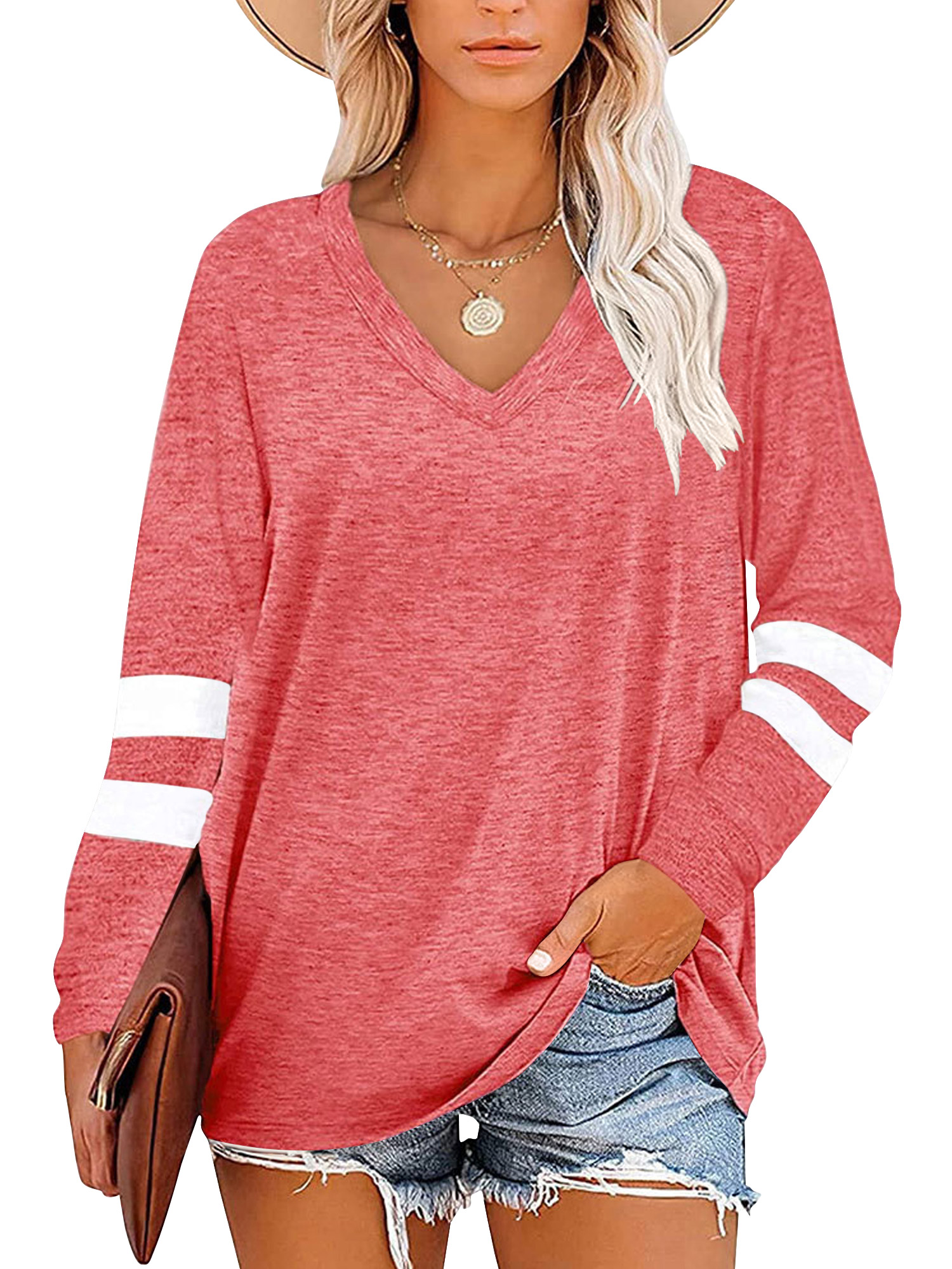 Temofon Women's V-Neck Color Block Tunic Top