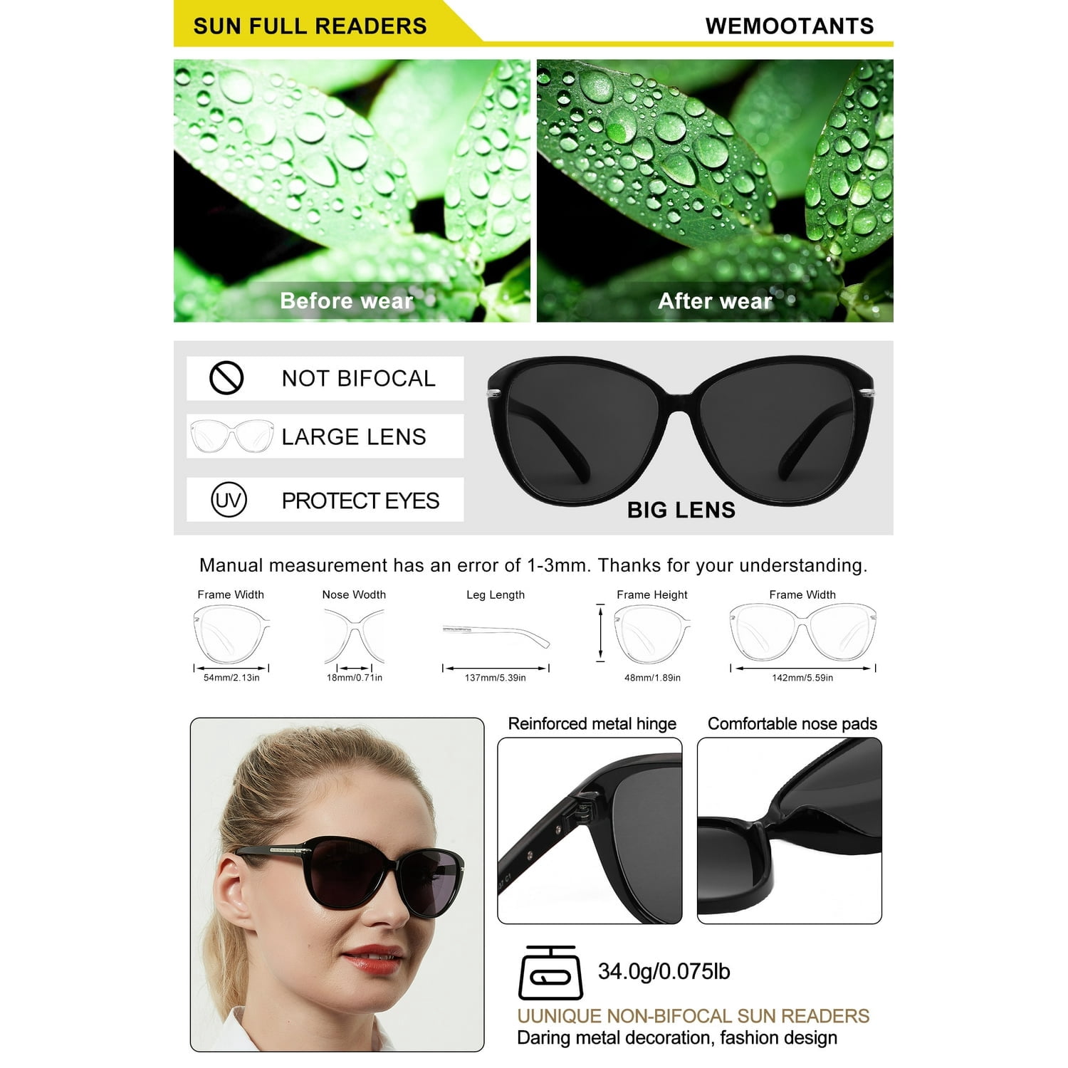 WEMOOTANTS Vintage Reading Sunglasses 1.0 for Women Black Full Sun Readers 1.00 1.25 1.50 1.75 2.00 2.25 2.50 2.75 3.00 3.50 4.00