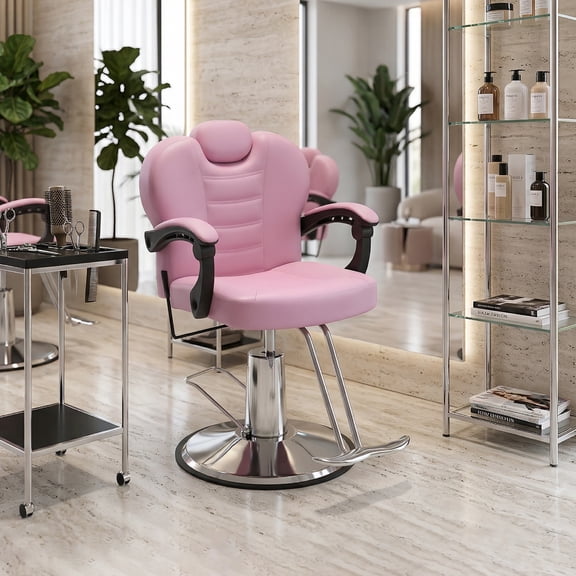90 to 140-Degree Reclining Barber Chair with Hydraulic Pump and 360 Swivel, Heavy-Duty Salon Styling Chair with PU Leather and 400 lb Capacity, Pink