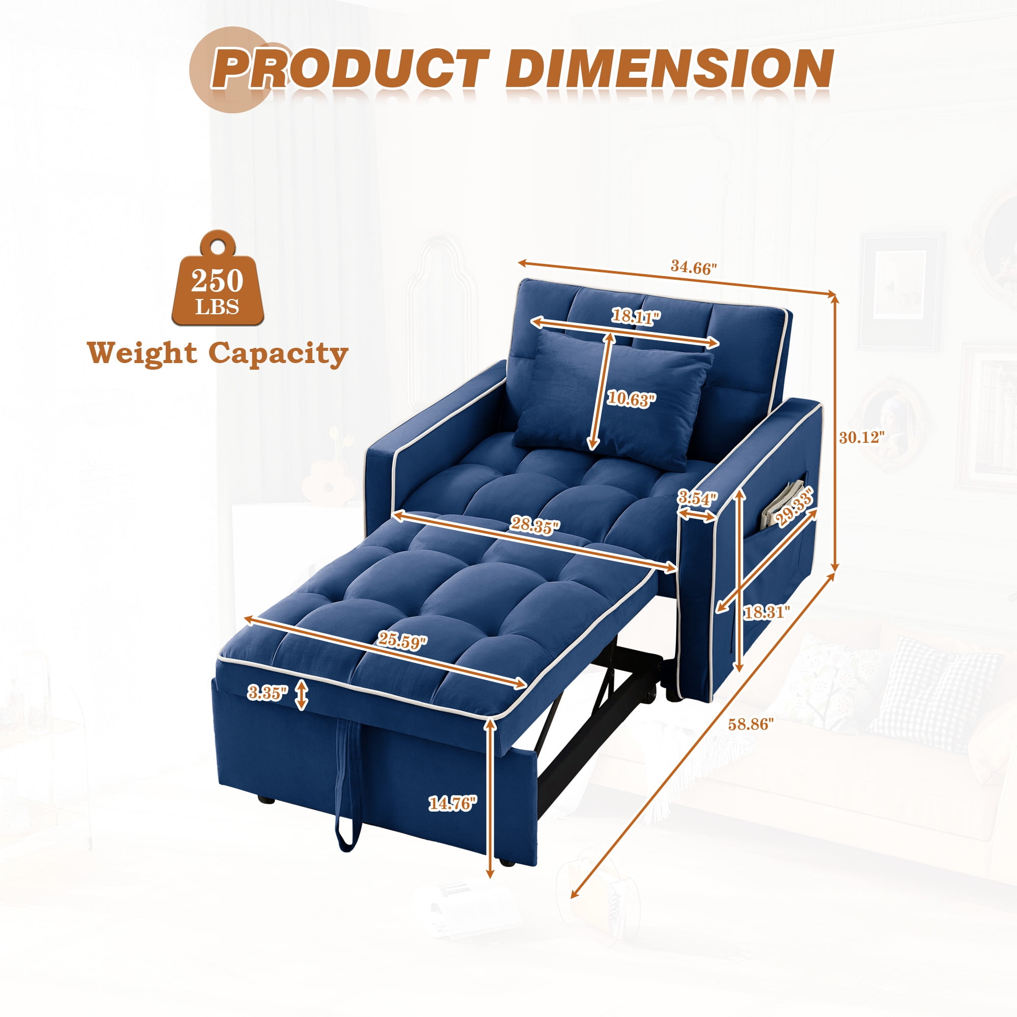Dinosisco 3-in-1 Convertible Chair Bed, Sleeper Chair Lounge Chair Indoor, Modern Single Pull Out Couch for Living Room, Cobalt Blue Velvet