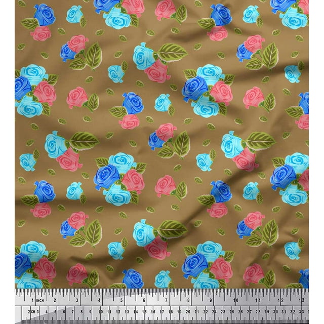Soimoi polyester Crepe Fabric Leaves & Rose Floral Print Sewing Fabric Yard 42 Inch Wide