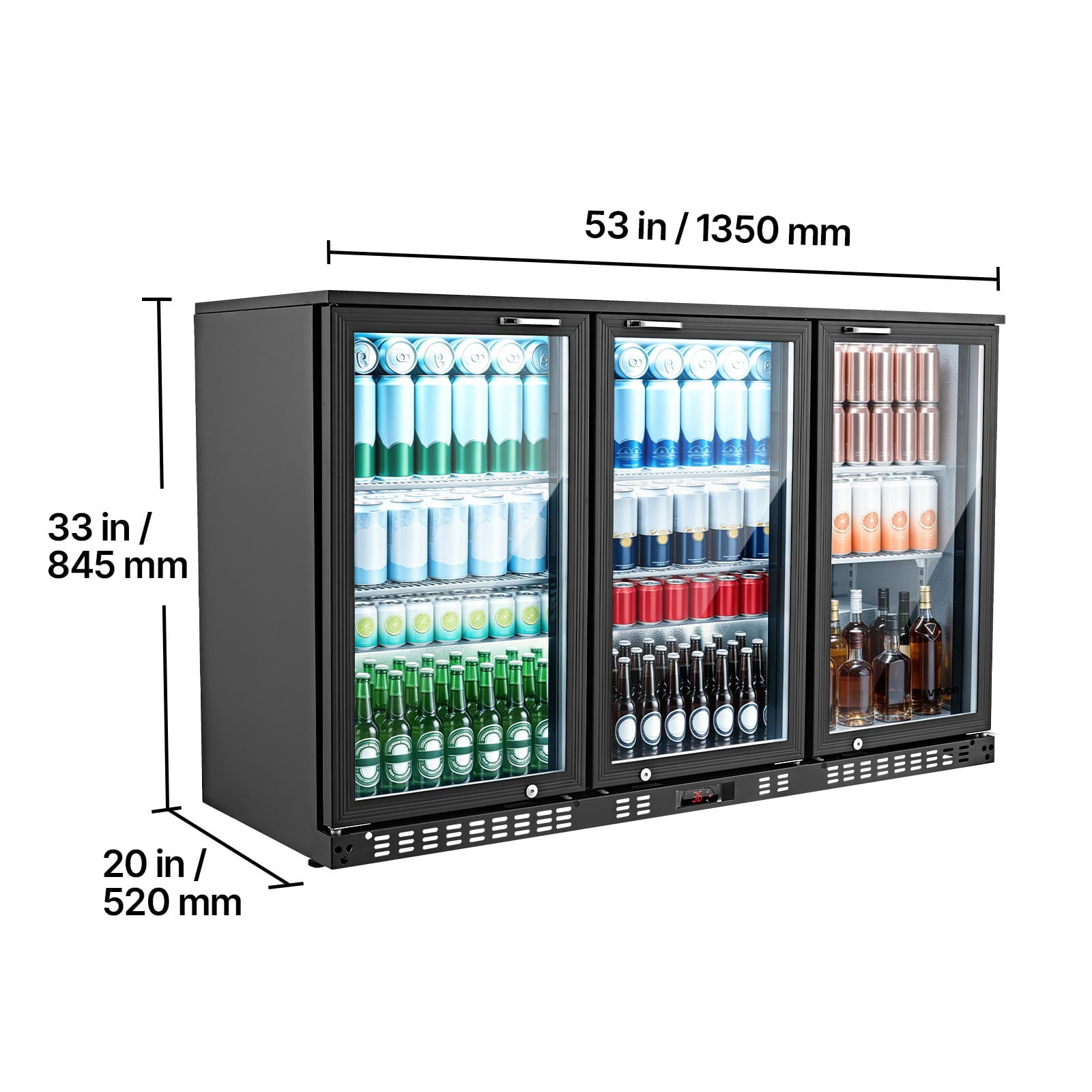 VEVOR Back Bar Cooler, 11.4 Cu.Ft Commercial Beverage Refrigerator with 3 Glass Door, Large Under Counter Fridge w/ LED Lighting, Shelf, Low-E Glass Display Cooler for Store, Lobby, Restaurant, Pub