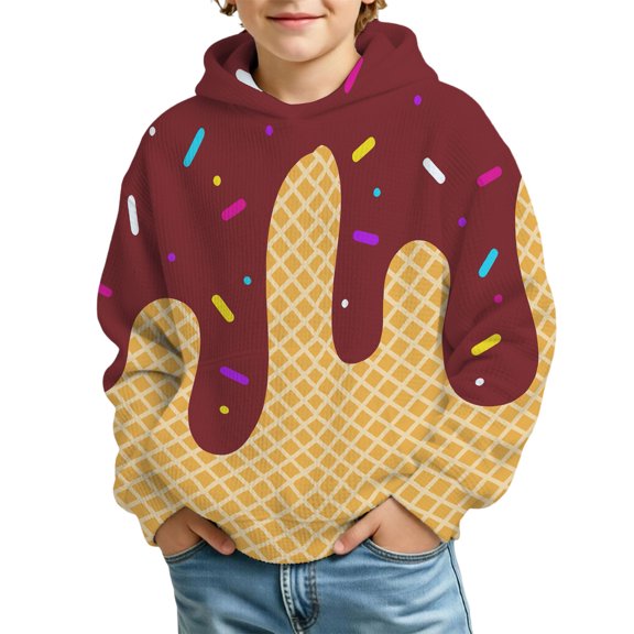 Kids Boys Girls Dripping Ice Cream Sprinkle Print Waffle Knit Hoodie Long Sleeve Hooded Sweatshirt With Front Pocket Casual Tops For Teen 4-14 Years