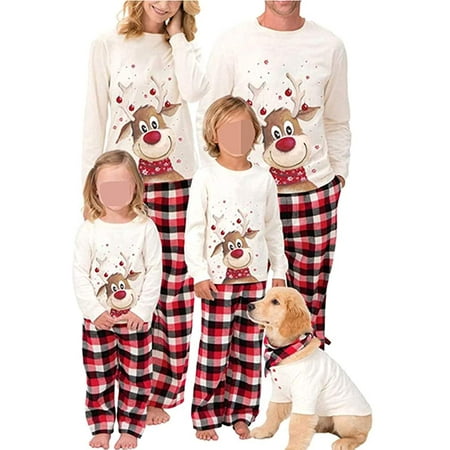 

Matching Family Pajamas Sets Christmas PJ s with Deer Long Sleeve Tee and Plaid Pants Loungewear