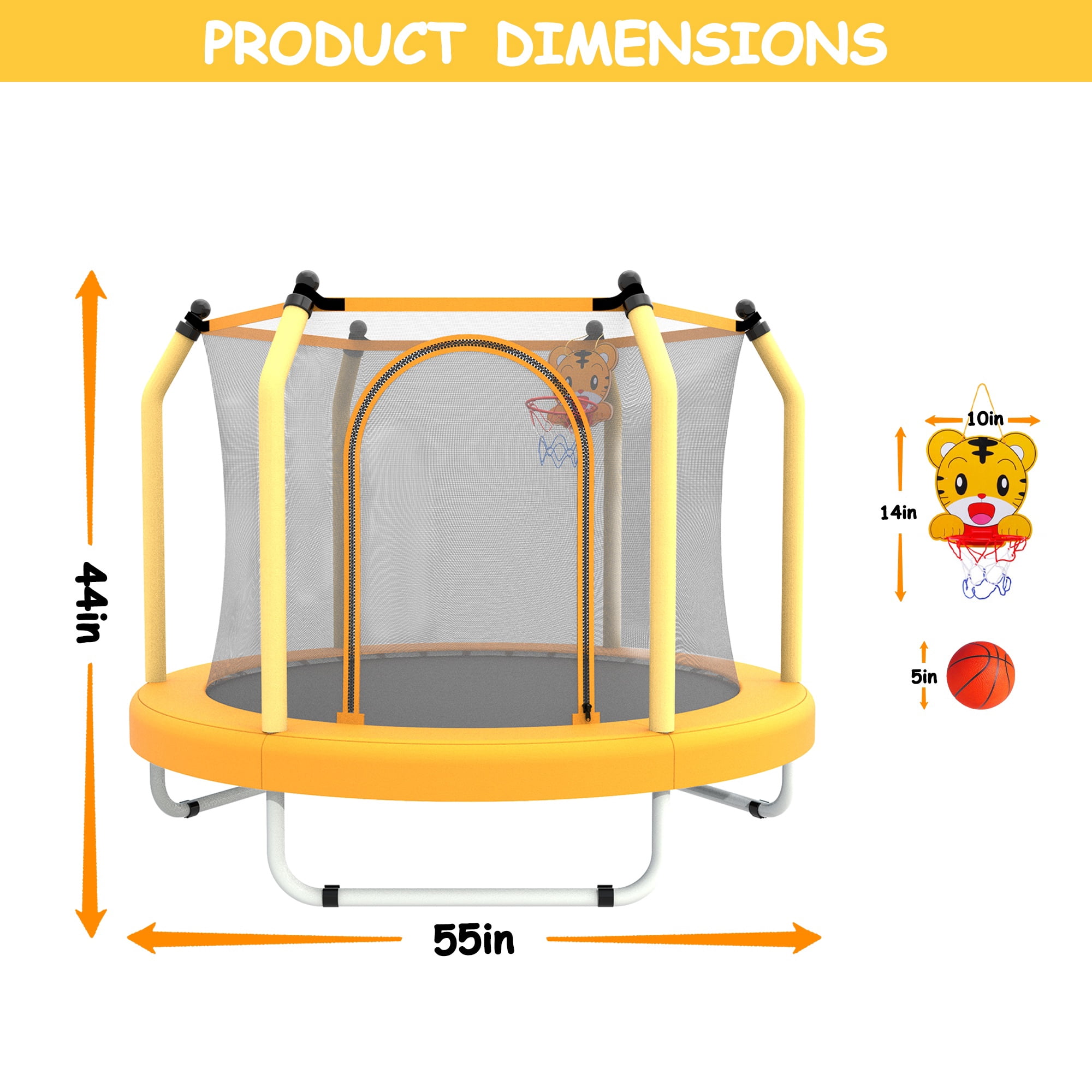 55" Toddler Trampoline with Safety Enclosure Net, Trampoline Indoor & Outdoor, Mini Trampoline for Kids 1-8 with Basketball Hoop, Ball and Thick Foam Protection, Birthday Gifts for Boy & Girl