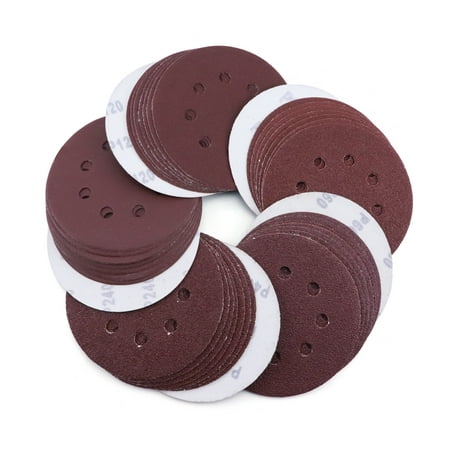 POLIWELL 40PCS 5-inch 8-Hole Aluminum Oxide Hook and Loop Sanding Disc, Assorted 40/60/80/120/240 Grit