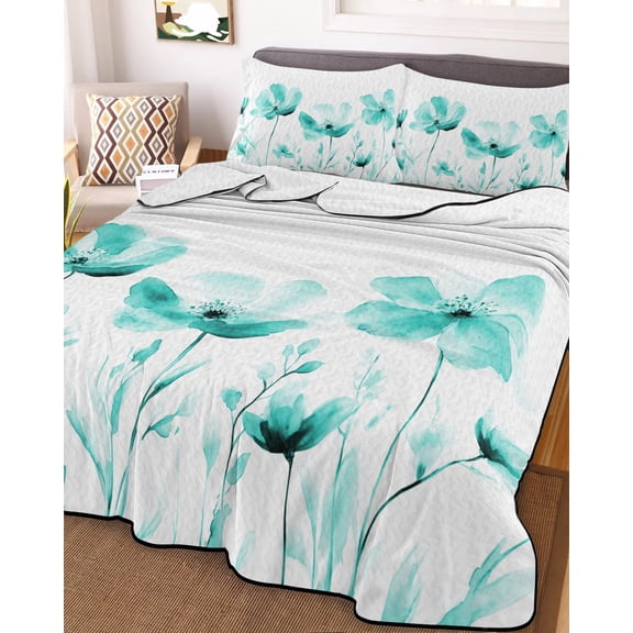 Blue Aqua Flower Twin XL Size Down Alternative Comforter, Lightweight Comforter Quilt Bedding Set with Pillow Shams White Floral Plant Herb Botanical All Seasons Bed Comforter Duvet Insert 68"x98"