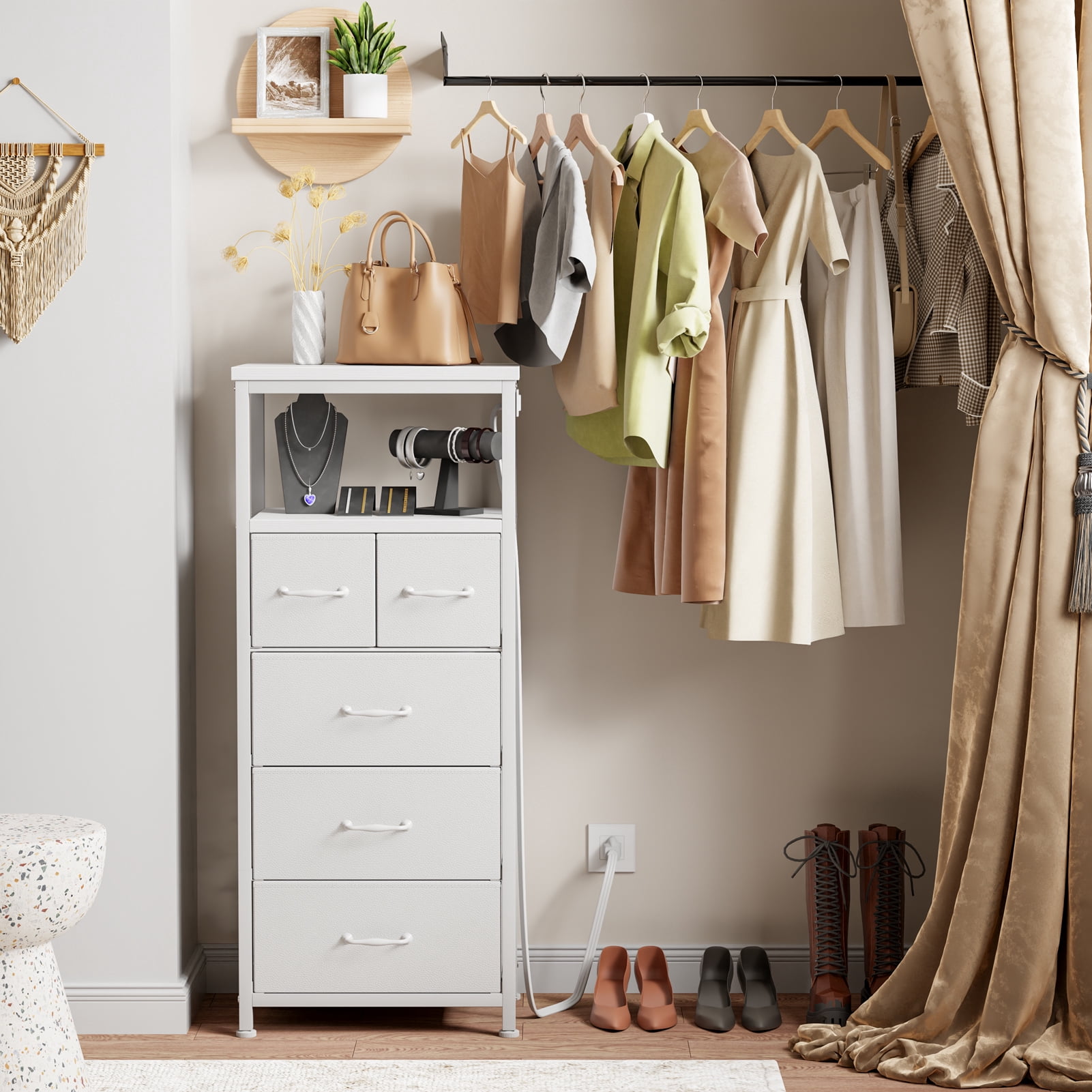 TYDIMOR Small Dresser for Bedroom, 5 Drawer with Charging Station, White, Ideal for Adults