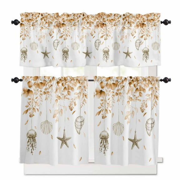 Orange Coastal Kitchen Curtain Set, Summer Eucalyptus Leaves Beach Ocean Starfish Window Valance and Tiers 36" Length, Light Filtering Short Curtains Valance for Cafe Bathroom Bedroom 54"x18"