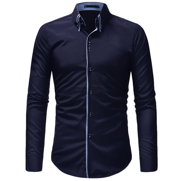 Hombres Casual Doble Collar Puerta Botones Slim Fit Sólido Manga Larga Moda Blusa Camisa Pompotops oipoqjl28138