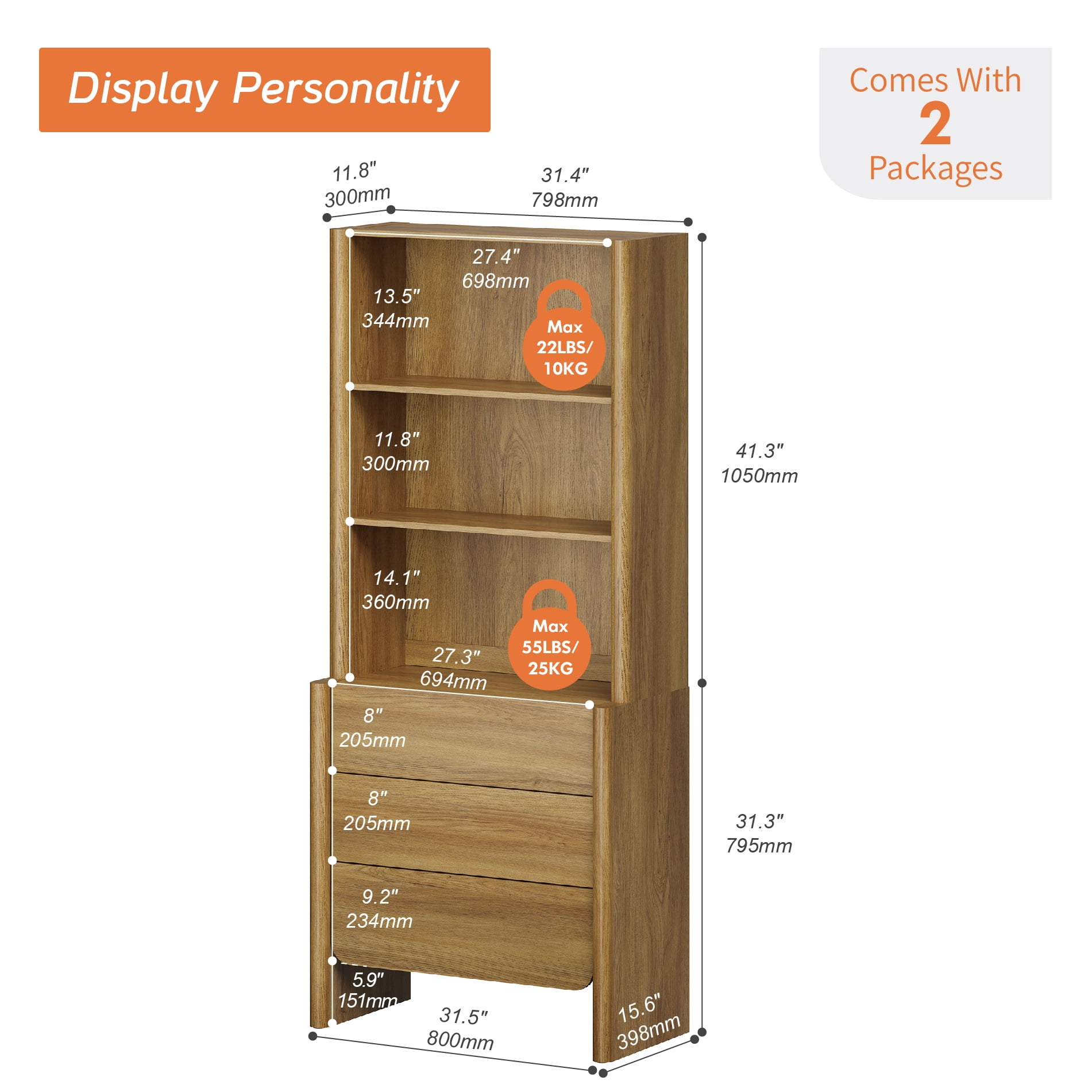 31.5-Inch Modern French Bookcase with Curved Edges, 3 Drawers and Open Shelves, 72.8" Tall, Walnut