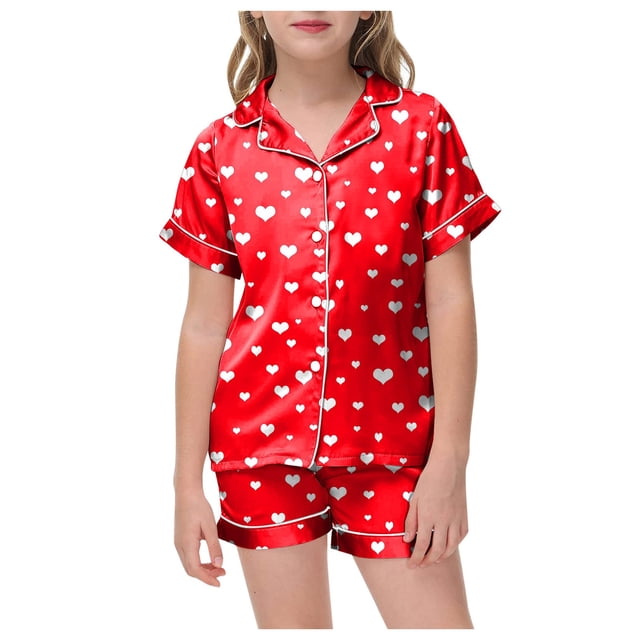 2DXuixsh 2 Pcs Ensembles de Pyjama pour Filles Été Manches Courtes Pyjamas pour Enfants Tenue de Nuit Lisse Mignon Imprimé Col à Revers Shorts Ensemble de Pyjama pour Enfants 2 Pcs Rouge Taille 130