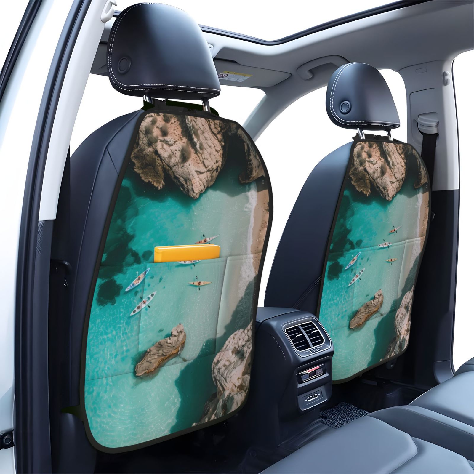 Naloa Turquoise Beach Kayaking 2Pcs Anti-Kick Back Seat Cover Kick Mat, Car Seat Protector with 3 Storage Pockets