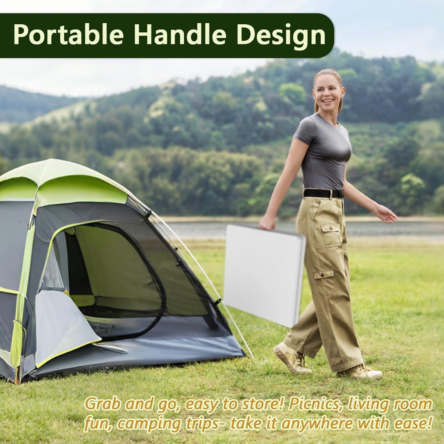 Decksplore Folding Table 4ft - Heavy Duty Fold-in-Half Plastic Table with Adjustable Height, Portable Utility Tables with Steel Legs for Picnic, Camping, Dining, Party