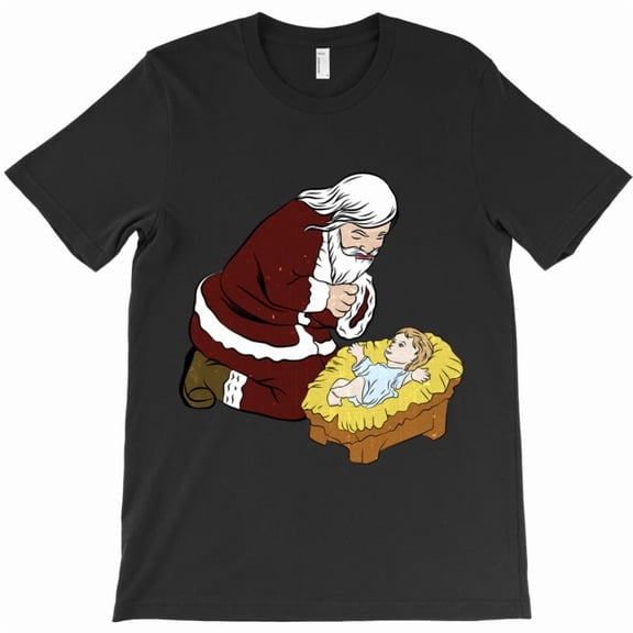 Kneeling St. Nick Claus With Baby Jesus Funny Christmas Holiday Gift Graphic T-Shirt G2889, Up to 5XL