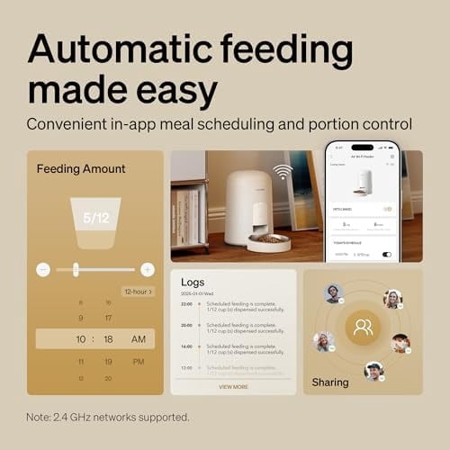 Automatic Cat Feeder, Wi-Fi Rechargeable Cats Food Dispenser Battery-Operated with 30-Day Life, AIR 2.4G Wi-Fi Timed Pet Feeder for Cats & Dogs, 2L Auto Cats Feeder, White