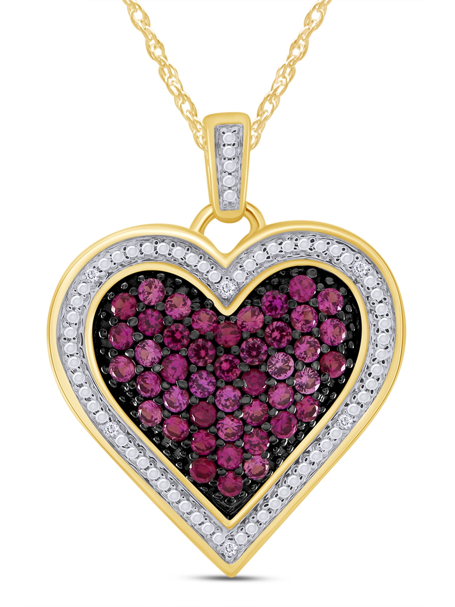 12 Red Ruby Gemstones Diamond Heart Pendant Necklace Yellow 14k Gold over 925 SS
