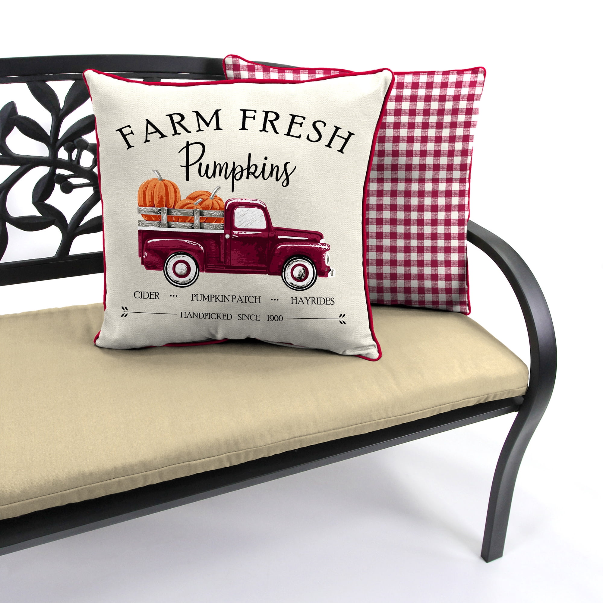 Jordan Manufacturing 16" x 16" Fresh Pumpkins Cream Truck and Merlot Buffalo Check Reversible Square Outdoor Throw Pillow with Welt