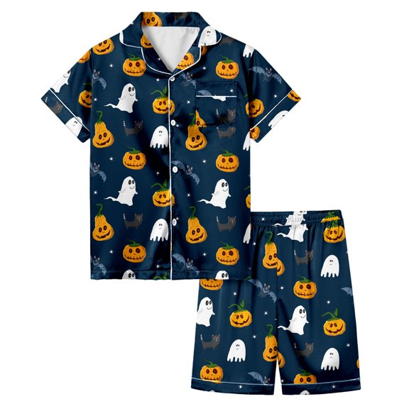 CONZONE Halloween Girls Pajamas Set Toddler Girls Printed Short Sleeve Button Down Tops and Shorts Hallowmas Sleepwear Soft 2 Piece Pjs Set for Girls Size 3-4 Years