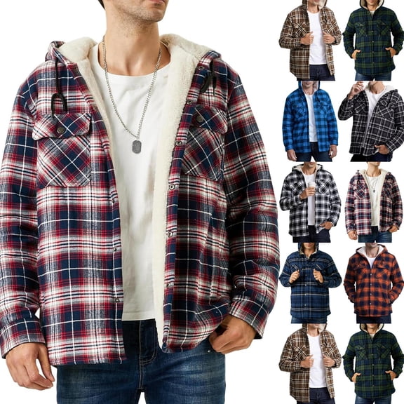 Flannel Hooded Jacket for Men Big and Tall Plaid Sherpa Thermal Lined Shirt Jacket Gray M