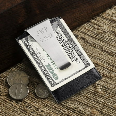 Personalized Black Leather Money Clip/Credit Card Holder