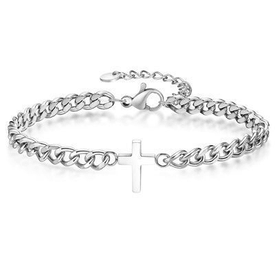 VNOX Cross Chain Bracelets for Men Women, Silver/Black Stainless Steel Cross Charms Men's Bracelet, Faith Religious Easterholic Christian God Jesus Communion Baptism Jewelry Gift Mens Link Bracelet