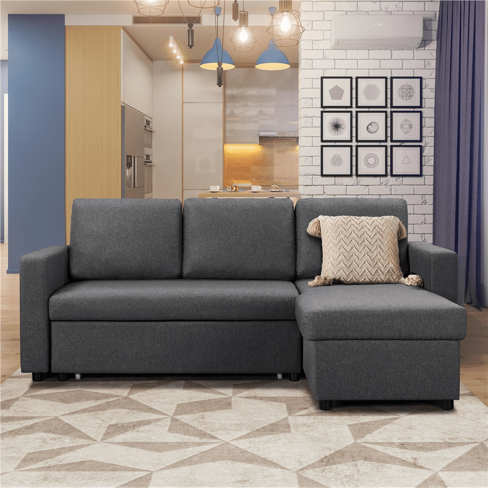 Renwick Reversible Sleeper Sectional Sofa with Pull Out Bed and Storage, Dark Gray